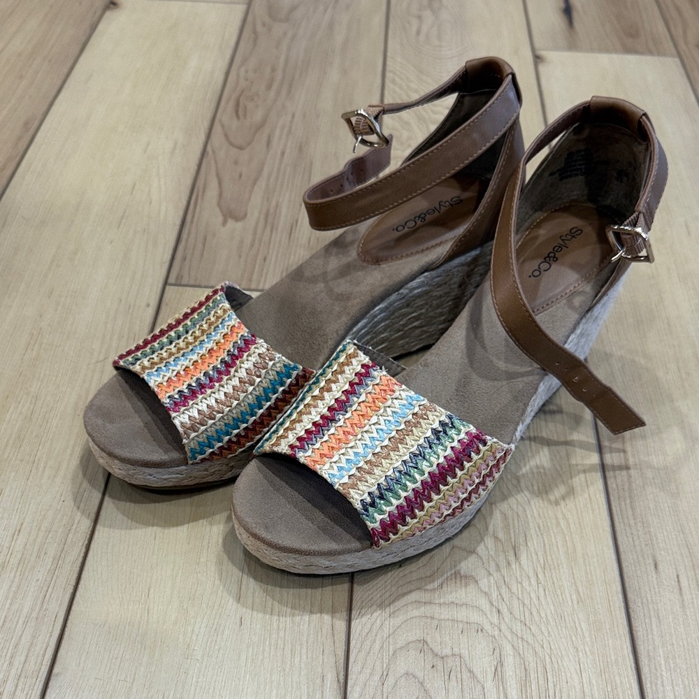 Style & Co. Multicolor Wedge Espadrille Sandals with Brown Ankle Strap